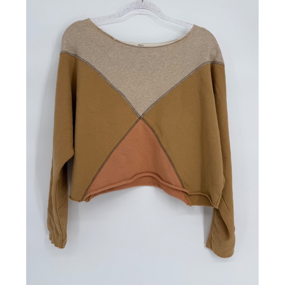 Free People Colorblock Cropped Sweatshirt Tan Mustard Chevron Oversized Sz XS
